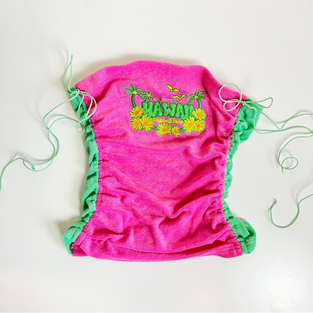 Y2K Pink & Green Terry Cloth Scrunch Ruched Hawaii Embroidered Tube Top